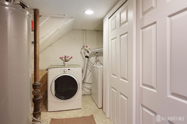 1-G Quincy Cir S, Brunswick, NJ 08810 - laundry room featuring washer and dryer, water heater, concrete block wall, recessed lighting, and light flooring