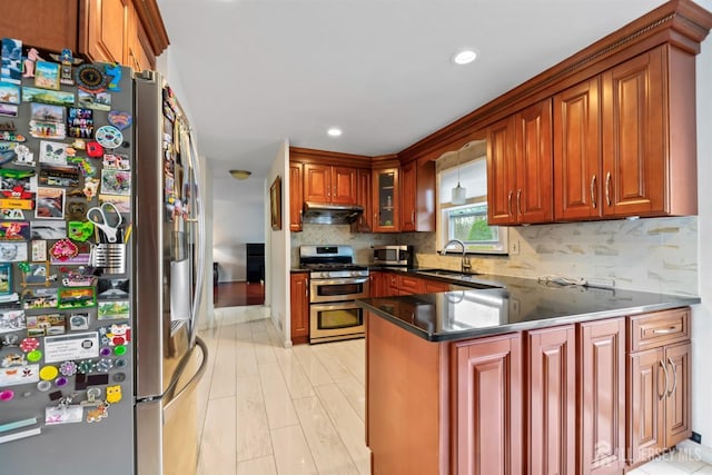 kitchen featuring light wood finished floors, under cabinet range hood, appliances with stainless steel finishes, a peninsula, and a sink