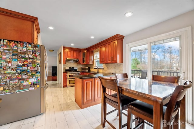 kitchen with backsplash, under cabinet range hood, appliances with stainless steel finishes, a peninsula, and a sink