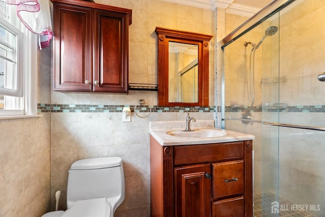 bathroom featuring a shower stall, vanity, and toilet