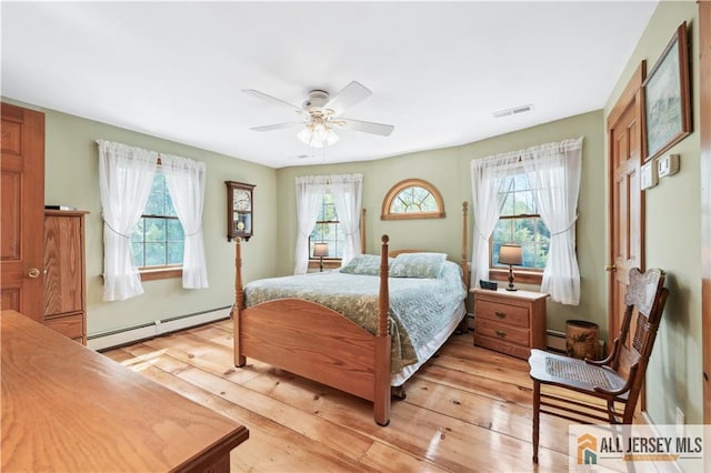 bedroom with a baseboard heating unit, multiple windows, and light wood-type flooring