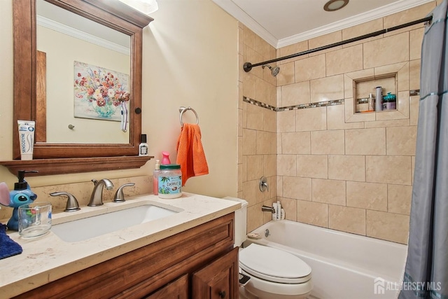 bathroom featuring crown molding, shower / bathtub combination with curtain, vanity, and toilet