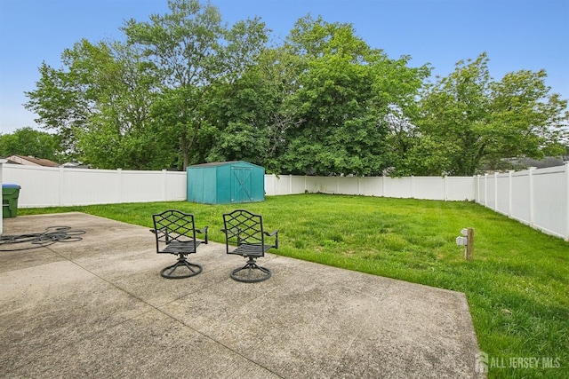 view of patio / terrace featuring a storage shed and an outdoor structure