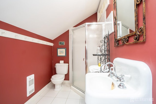 7 Finch Ct, West Windsor, NJ 08550 - full bathroom featuring lofted ceiling, a stall shower, heating unit, and tile patterned flooring