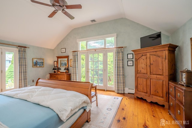 7 Finch Ct, West Windsor, NJ 08550 - bedroom featuring a baseboard heating unit, light wood-style flooring, high vaulted ceiling, and a ceiling fan