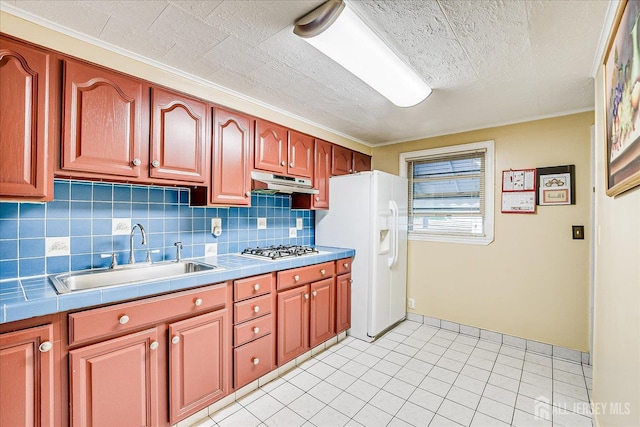 115 W Woodbridge Ave W, Iselin, NJ 08830 - kitchen with tile counters, white fridge with ice dispenser, under cabinet range hood, and tasteful backsplash
