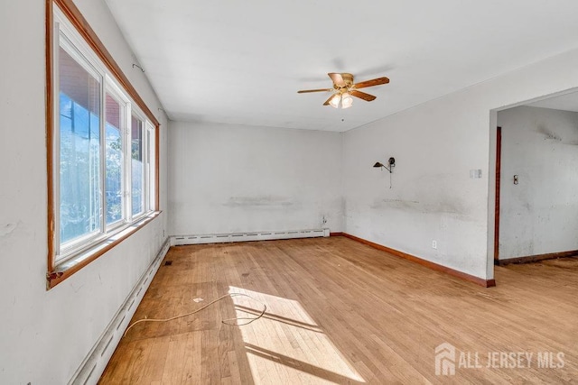 unfurnished room featuring ceiling fan, wood-type flooring, and a baseboard radiator