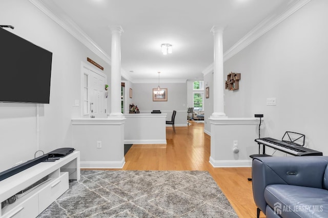 22 Daffodil Way, Old Bridge, NJ 08857 - living area featuring decorative columns, crown molding, and light wood finished floors