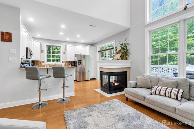 22 Daffodil Way, Old Bridge, NJ 08857 - living area featuring light wood-style flooring, a multi sided fireplace, and recessed lighting
