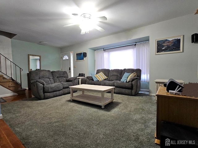 857 Jamestown Rd, East Windsor, NJ 08520 - living area featuring ceiling fan, stairway, and wood finished floors