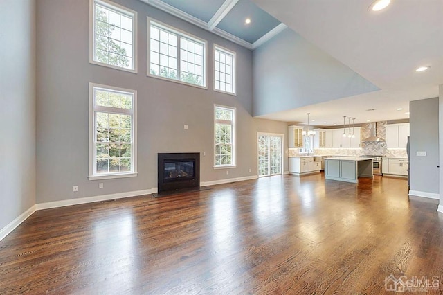 unfurnished living room with a wealth of natural light, a high ceiling, and hardwood / wood-style floors