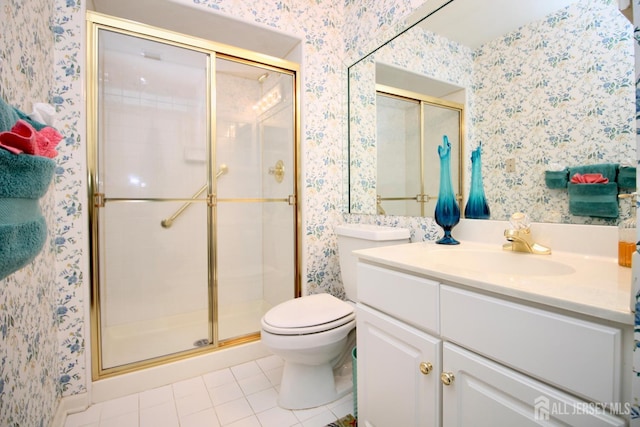 124 Chichester Rd, Monroe, NJ 08831 - bathroom with wallpapered walls, tile patterned flooring, vanity, a shower stall, and toilet