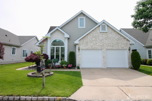 124 Chichester Rd, Monroe, NJ 08831 - traditional home featuring stone siding, an attached garage, concrete driveway, and a front yard