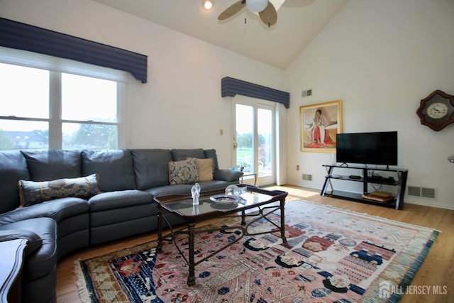 124 Chichester Rd, Monroe, NJ 08831 - living area with ceiling fan, wood finished floors, high vaulted ceiling, and baseboards