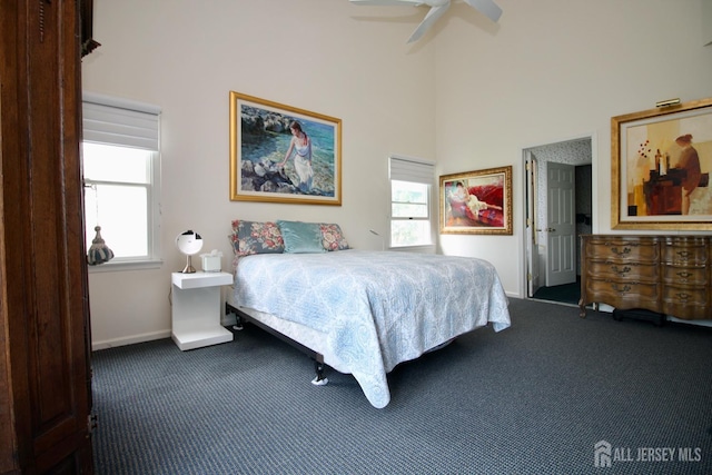 124 Chichester Rd, Monroe, NJ 08831 - bedroom with carpet, a high ceiling, baseboards, and ceiling fan