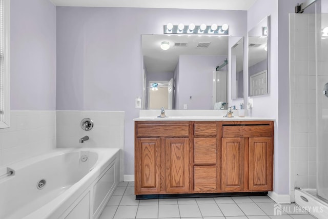 full bath with tile patterned flooring, a whirlpool tub, double vanity, a ceiling fan, and a stall shower