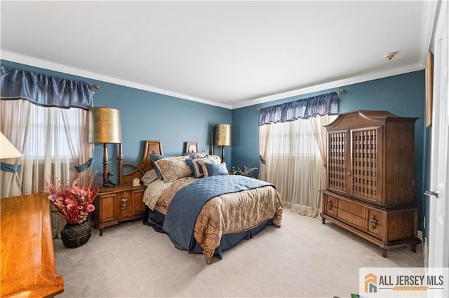 carpeted bedroom with crown molding and multiple windows