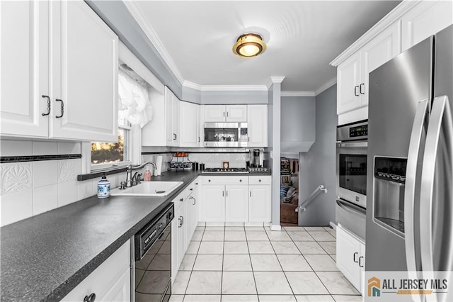 kitchen featuring sink, stainless steel appliances, decorative backsplash, white cabinets, and ornamental molding