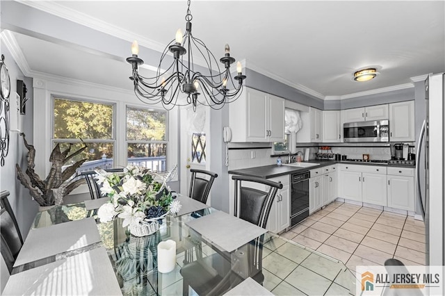 kitchen with decorative backsplash, stainless steel appliances, sink, pendant lighting, and white cabinetry