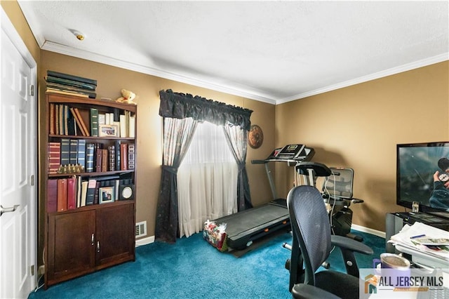 office with carpet flooring and ornamental molding