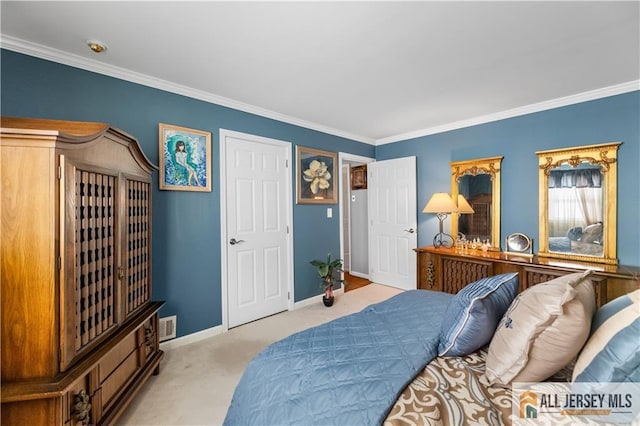 carpeted bedroom with ornamental molding