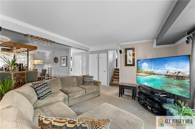 living room featuring light colored carpet and crown molding