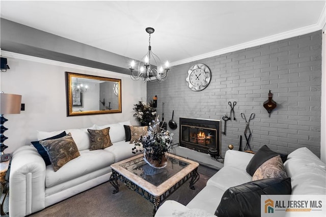 living room with brick wall and an inviting chandelier