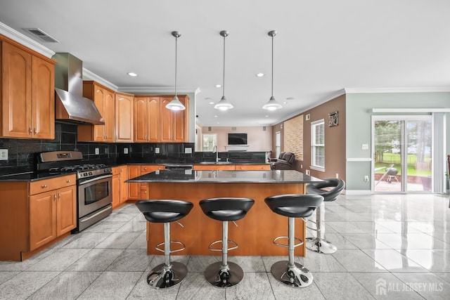 1004 Antoinette Dr, Monroe, NJ 08831 - kitchen with gas range, wall chimney range hood, ornamental molding, open floor plan, and backsplash