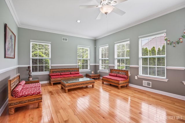 1004 Antoinette Dr, Monroe, NJ 08831 - living area with hardwood / wood-style floors, ornamental molding, and ceiling fan