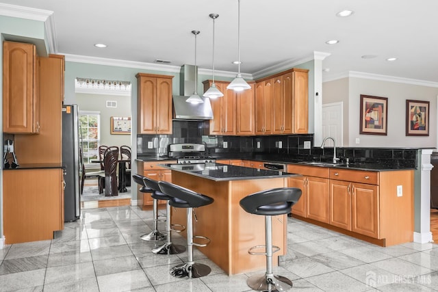 1004 Antoinette Dr, Monroe, NJ 08831 - kitchen with wall chimney exhaust hood, stainless steel appliances, tasteful backsplash, a center island, and a kitchen breakfast bar