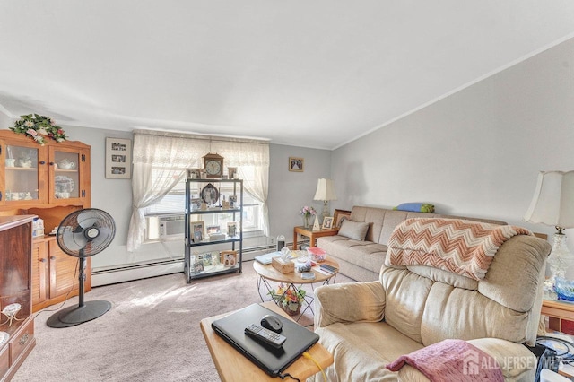 living room with ornamental molding, baseboard heating, and carpet floors