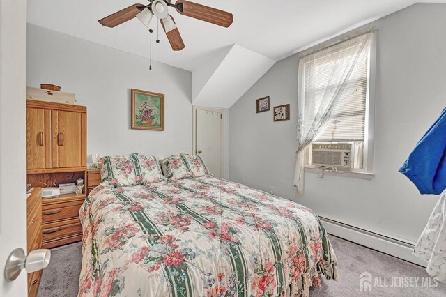 bedroom with baseboard heating, light colored carpet, ceiling fan, cooling unit, and lofted ceiling