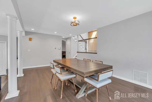 17 Thomas Rd, East Brunswick, NJ 08816 - dining space with stairs, decorative columns, wood finished floors, and recessed lighting