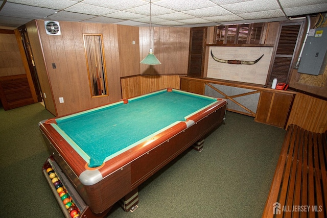 recreation room with dark colored carpet, electric panel, wooden walls, and pool table