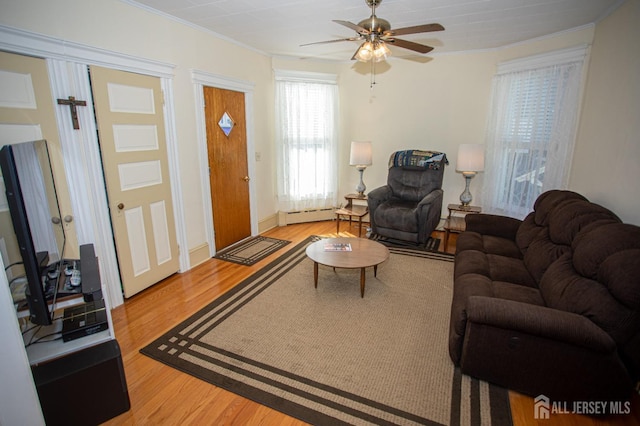 living room featuring crown molding, hardwood / wood-style floors, ceiling fan, and a baseboard radiator