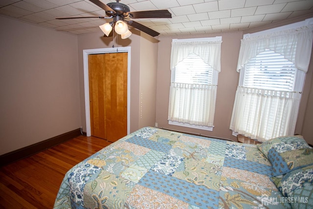 bedroom with hardwood / wood-style floors, ceiling fan, and a closet