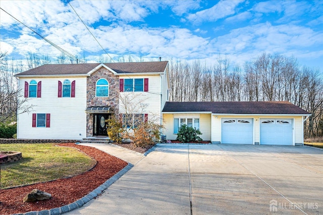 view of front facade featuring stone siding, an attached garage, concrete driveway, and a front lawn