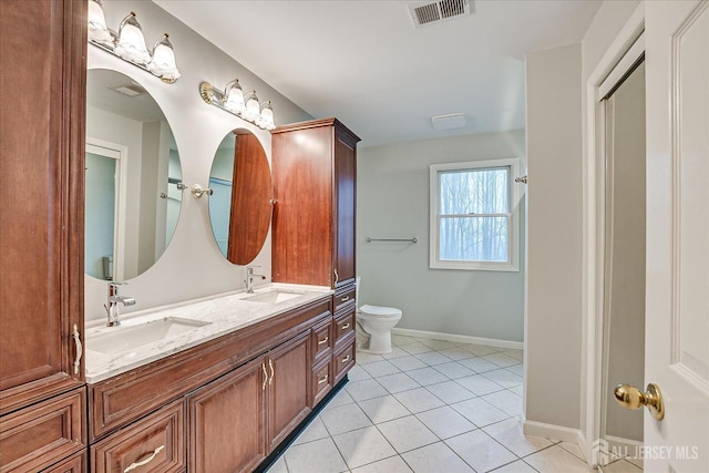 full bathroom with tile patterned floors, visible vents, toilet, and a sink