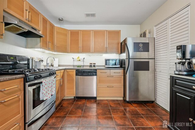78 Pennsylvania Way N, Brunswick, NJ 08902 - kitchen with appliances with stainless steel finishes, under cabinet range hood, a sink, and dark tile patterned floors