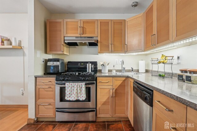 78 Pennsylvania Way N, Brunswick, NJ 08902 - kitchen featuring stainless steel appliances, under cabinet range hood, a sink, and dark tile patterned floors