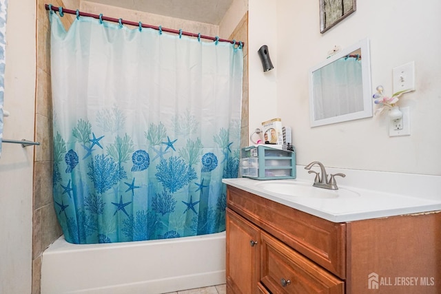 bathroom with shower / bath combination with curtain, tile patterned flooring, and vanity