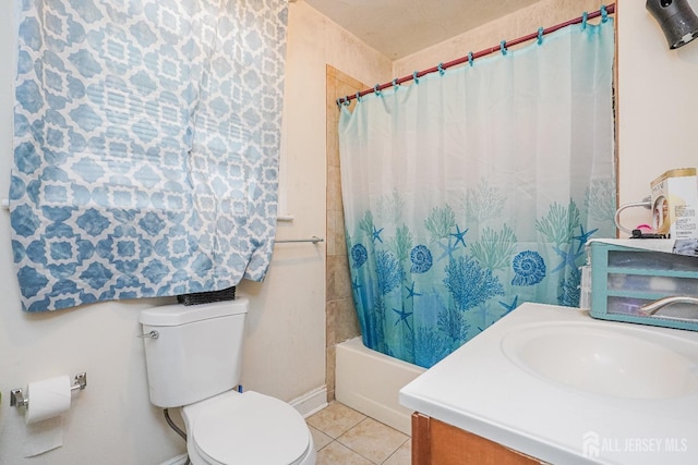 bathroom featuring tile patterned flooring, shower / bathtub combination with curtain, toilet, and vanity