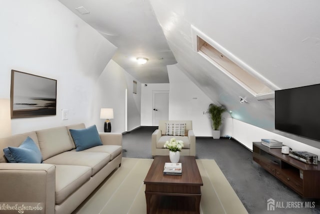 living room featuring lofted ceiling and light carpet