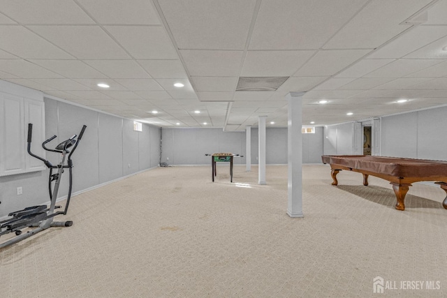 interior space featuring light carpet, billiards, and a drop ceiling