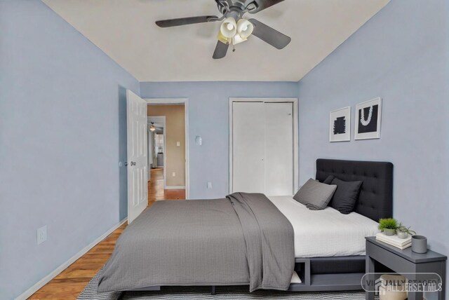 bedroom featuring ceiling fan, hardwood / wood-style floors, and a closet