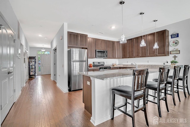 30 Grabowski Dr, Sayreville, NJ 08859 - kitchen with appliances with stainless steel finishes, a peninsula, light wood-type flooring, light stone counters, and pendant lighting