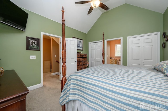 307 Cedar Dr, Lacey, NJ 08734 - bedroom with vaulted ceiling, carpet flooring, baseboards, ceiling fan, and two closets