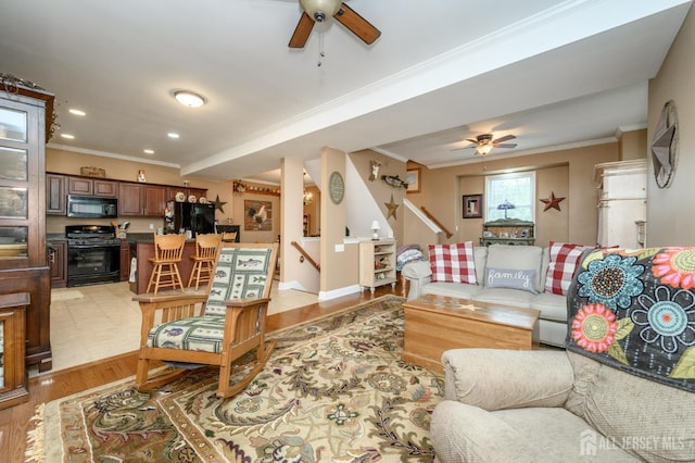307 Cedar Dr, Lacey, NJ 08734 - living room featuring ceiling fan, ornamental molding, light wood-style flooring, recessed lighting, and baseboards