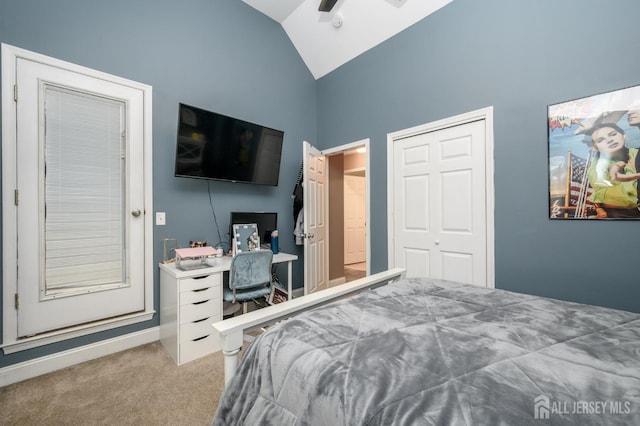 307 Cedar Dr, Lacey, NJ 08734 - bedroom featuring carpet, a closet, high vaulted ceiling, an office area, and a ceiling fan