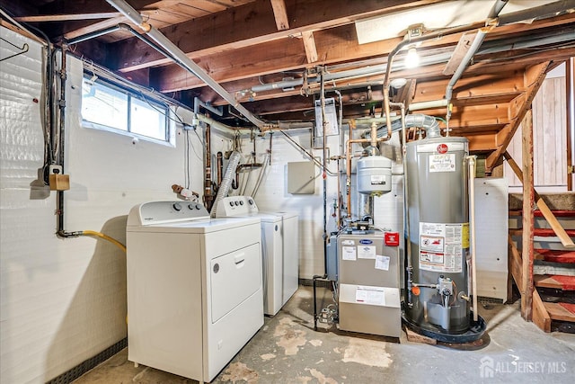 laundry room featuring gas water heater and washer and dryer